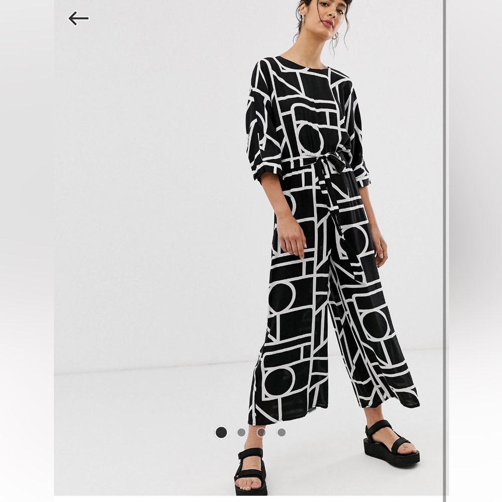 Asos design tie waist jumpsuit in mono two print